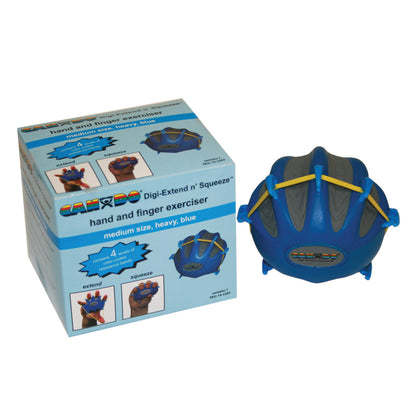 Box with CanDo Digi-Extend n' Squeeze Hand Exerciser. The blue ball has colored bands for finger resistance exercises.