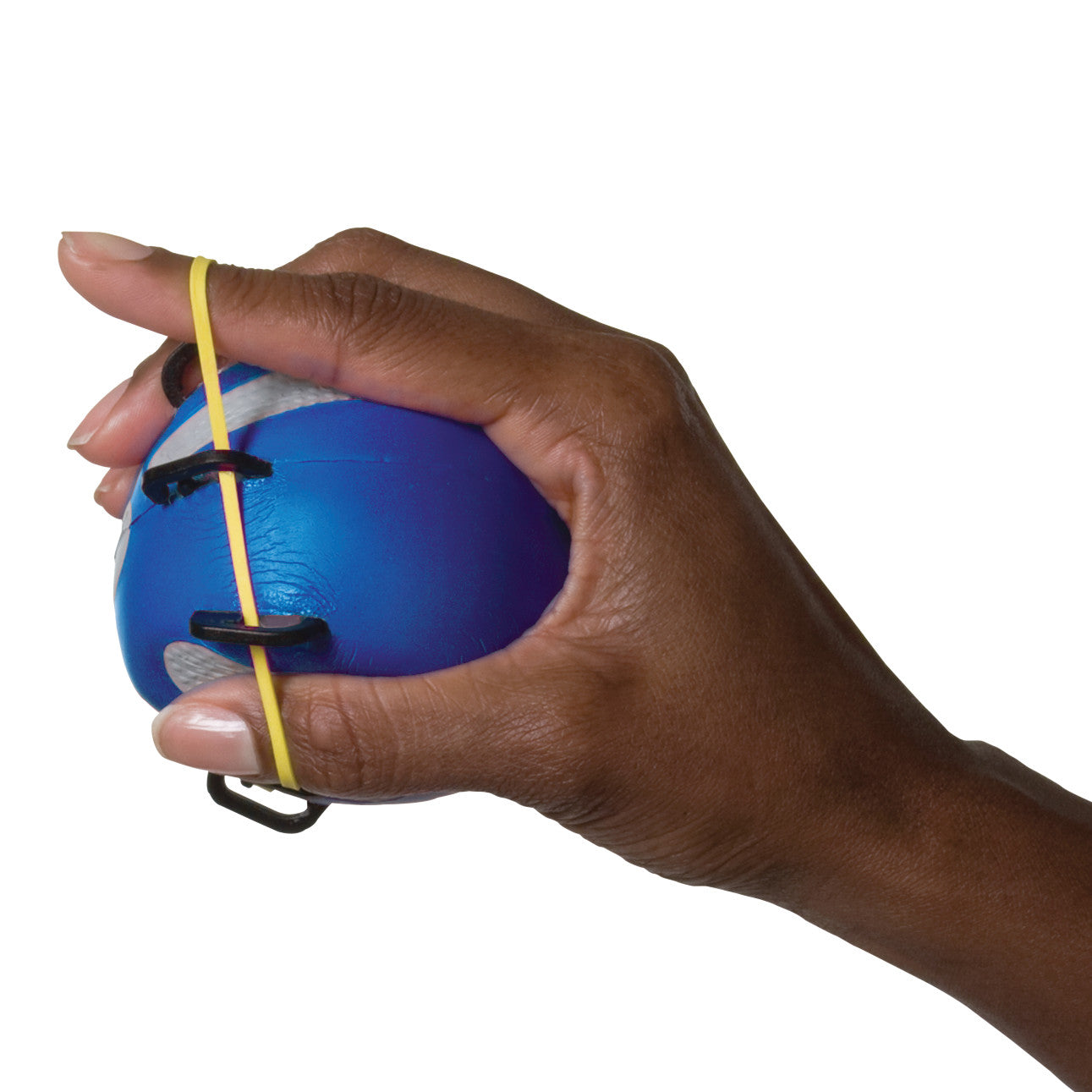 A hand holds a CanDo Digi-Extend n' Squeeze Hand Exerciser, a blue ball with elastic bands targeting finger and grip strength.