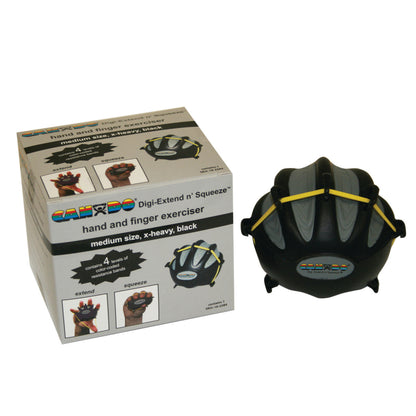 Box and CanDo Digi-Extend n' Squeeze Hand Exerciser, medium size, black, with resistance bands. Designed for hand exercises.