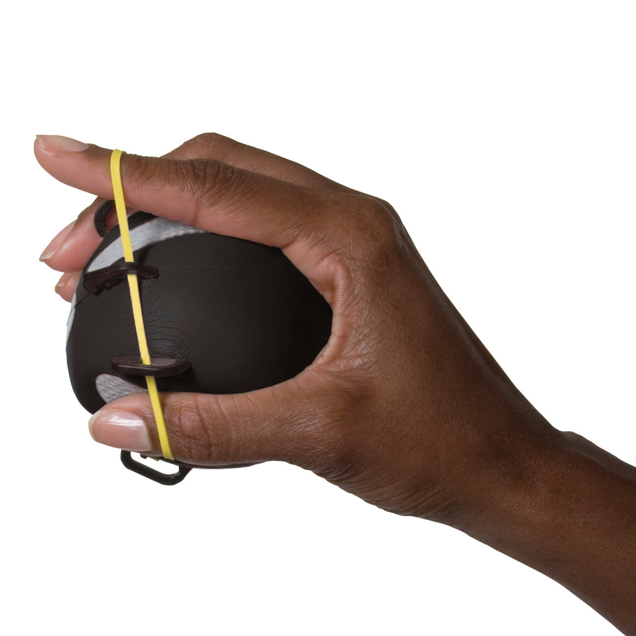 A hand grips the CanDo Digi-Extend n' Squeeze Hand Exerciser, with a yellow band around the fingers, against a white background.