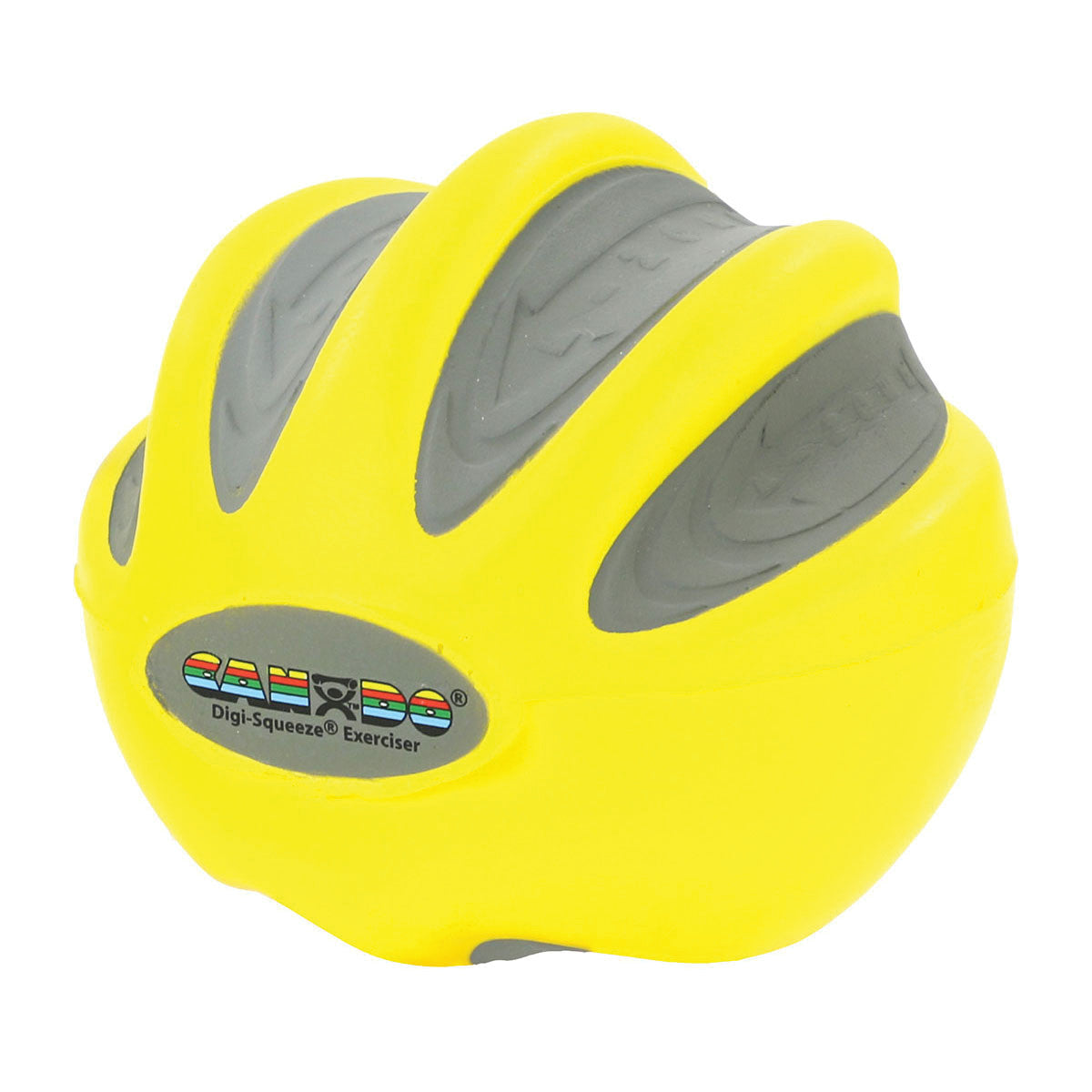 A yellow and gray CanDo Digi-Squeeze Hand Exerciser with an oval logo on the side, featuring grip ridges for hand strengthening.