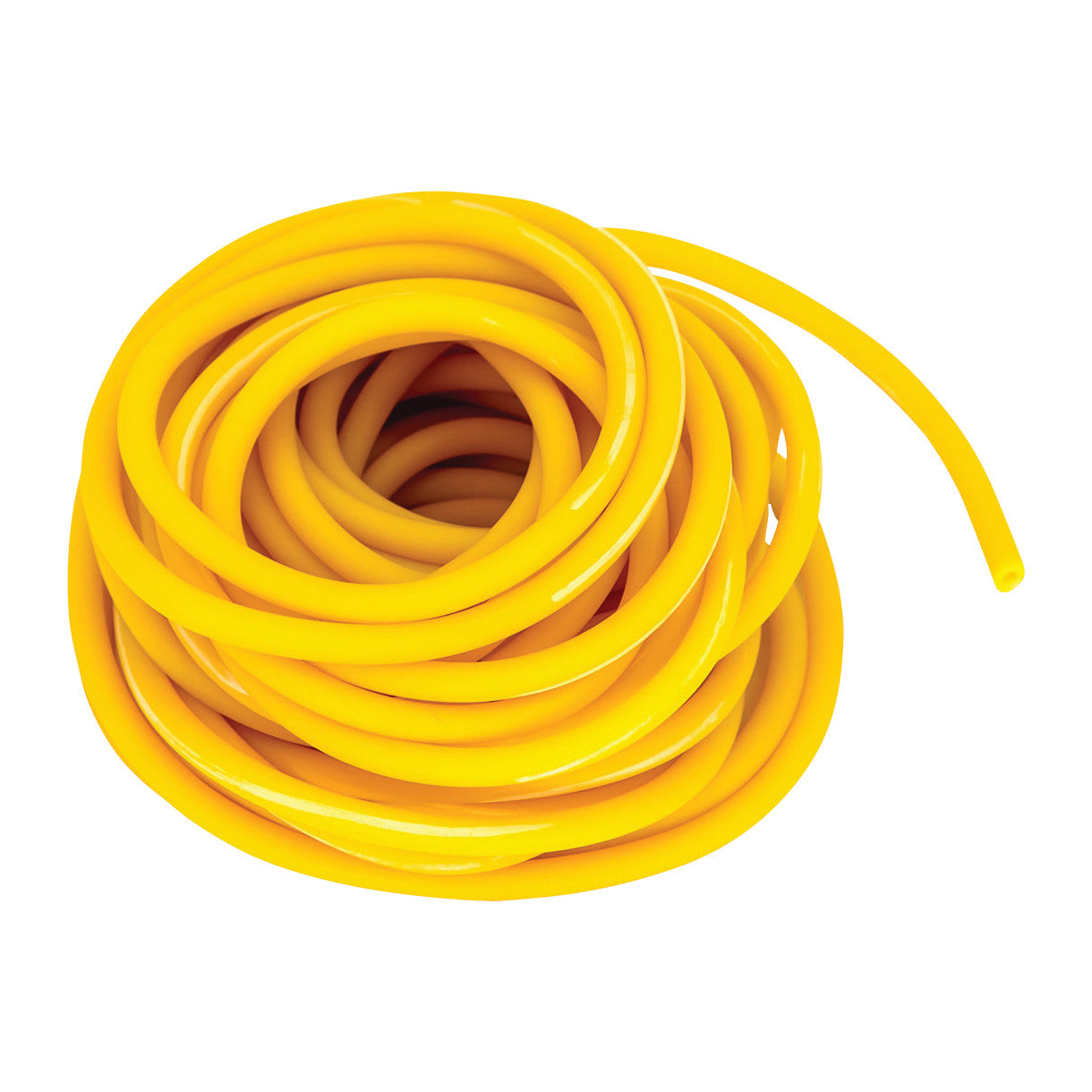 Coiled yellow CanDo Exercise Tubing on a white background.
