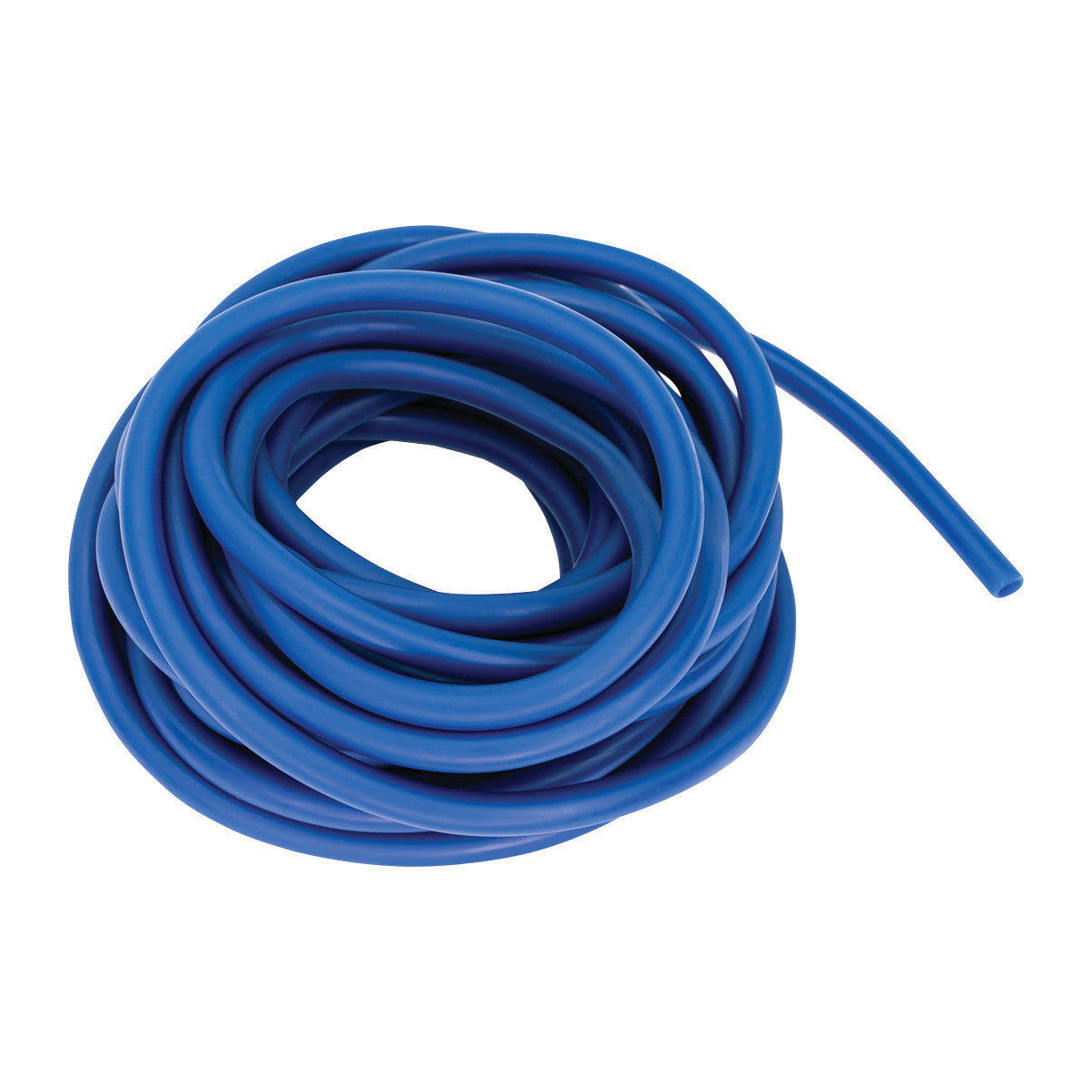 A coiled piece of blue CanDo Exercise Tubing, designed for resistance training and workouts.