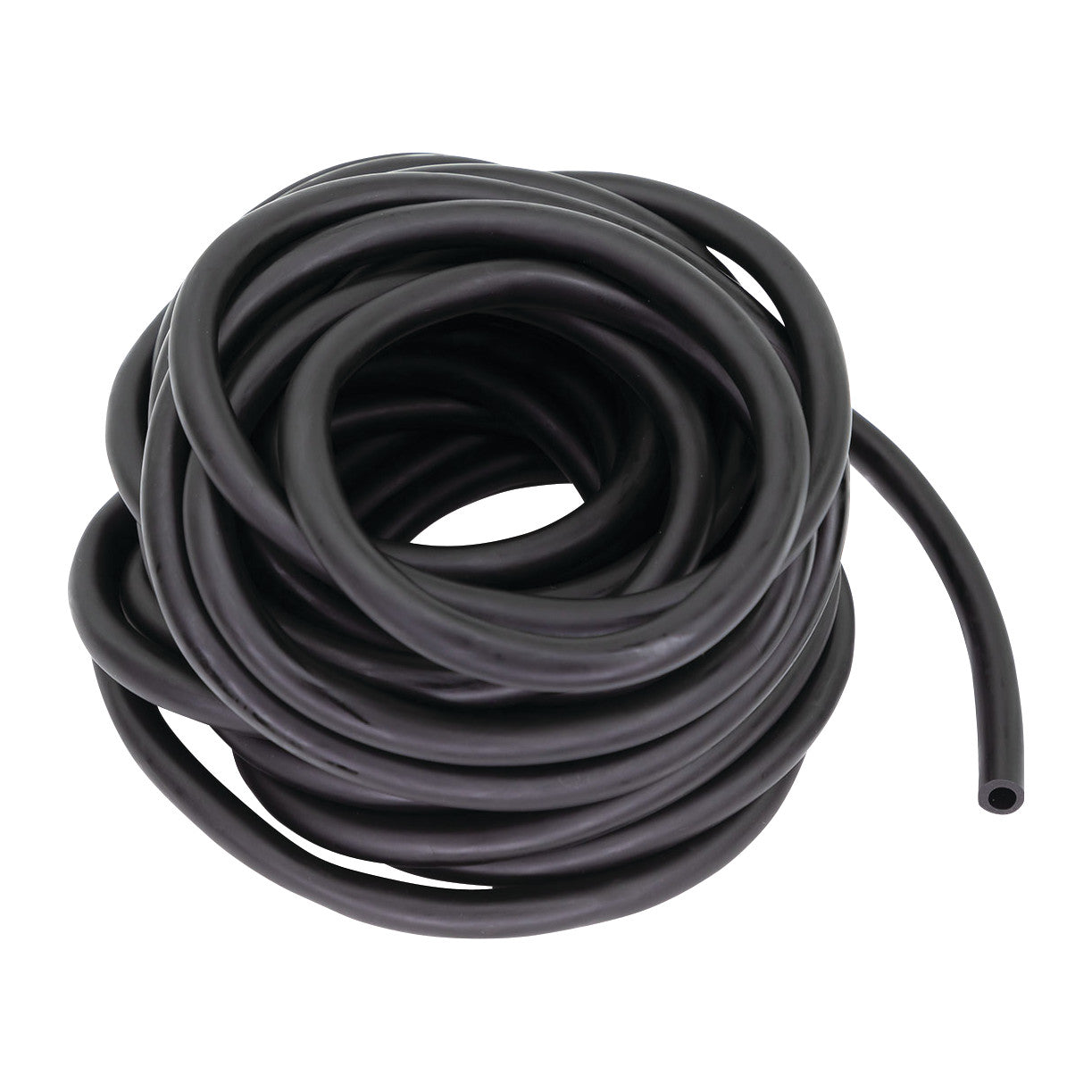 A coiled, black CanDo Exercise Tubing displayed against a white background.