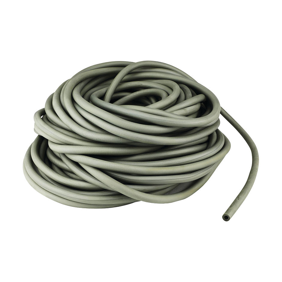 A coiled length of gray CanDo Exercise Tubing lies on a white background.