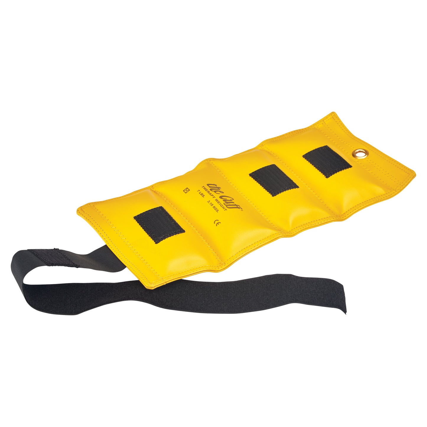 A yellow AliMed Color-Coded Cuff Weight with black straps and a metal grommet.