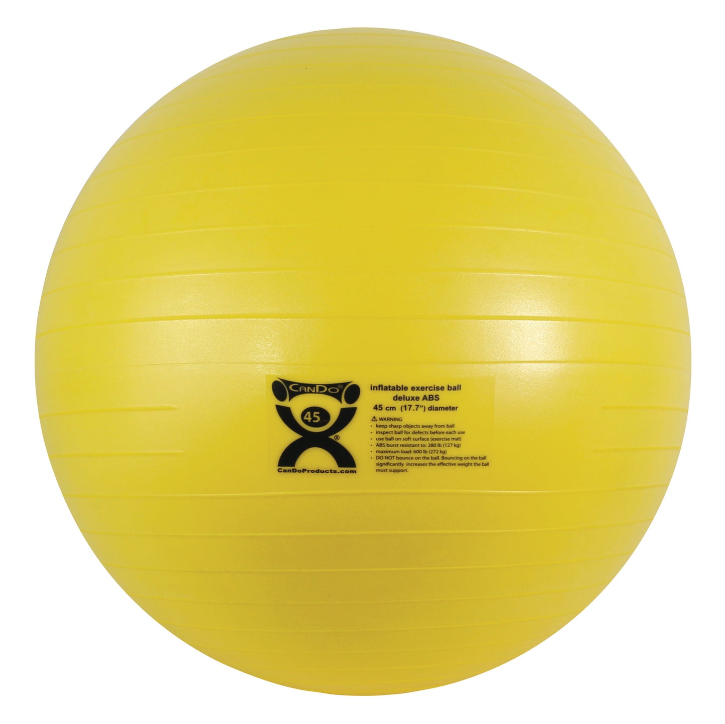 Yellow CanDo Inflatable Exercise Ball with textured surface and a label indicating a 45 cm (17.7") diameter.