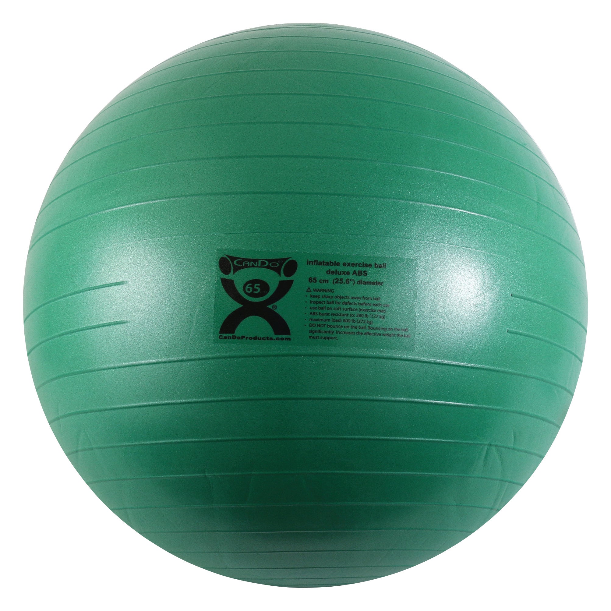 A green CanDo Inflatable Exercise Ball with 65 cm diameter and a label detailing product information and safety warnings.