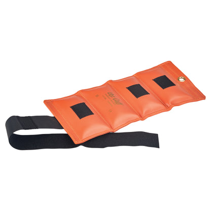 An orange AliMed Color-Coded Cuff Weight with adjustable black straps and a metal grommet, laid flat.
