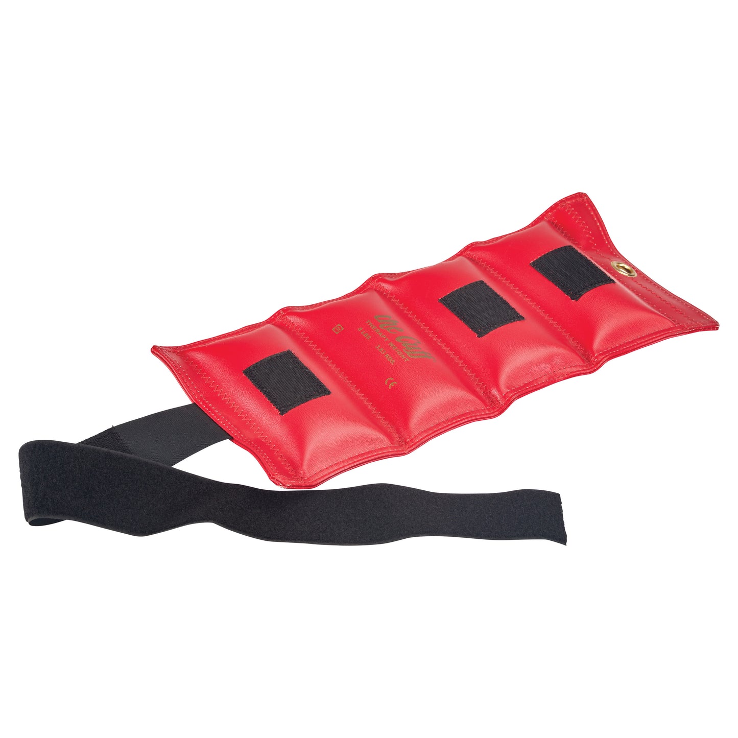 AliMed Color-Coded Cuff Weight in red with black straps and a long black fastening strap.