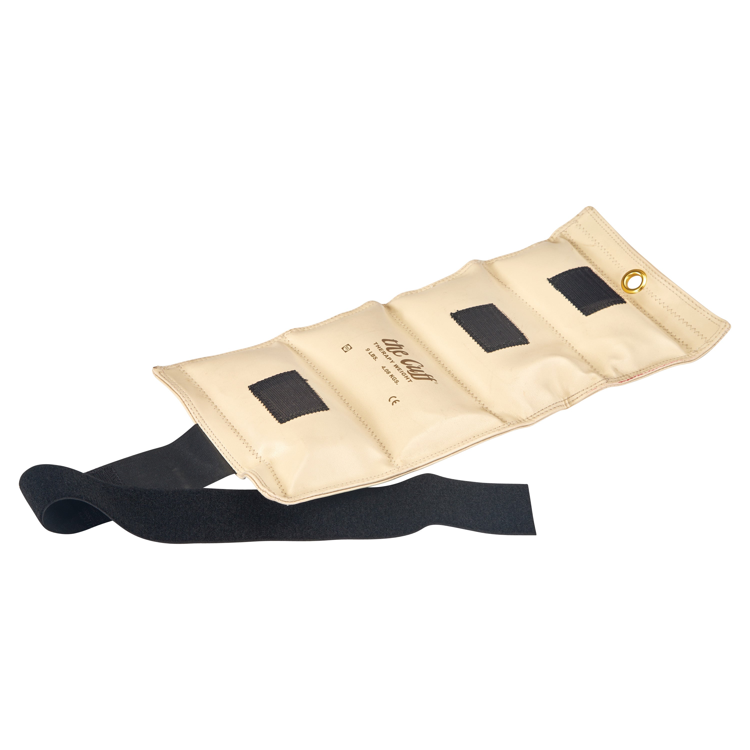 AliMed Color-Coded Cuff Weight. It is beige with black straps and a metal eyelet for hanging.