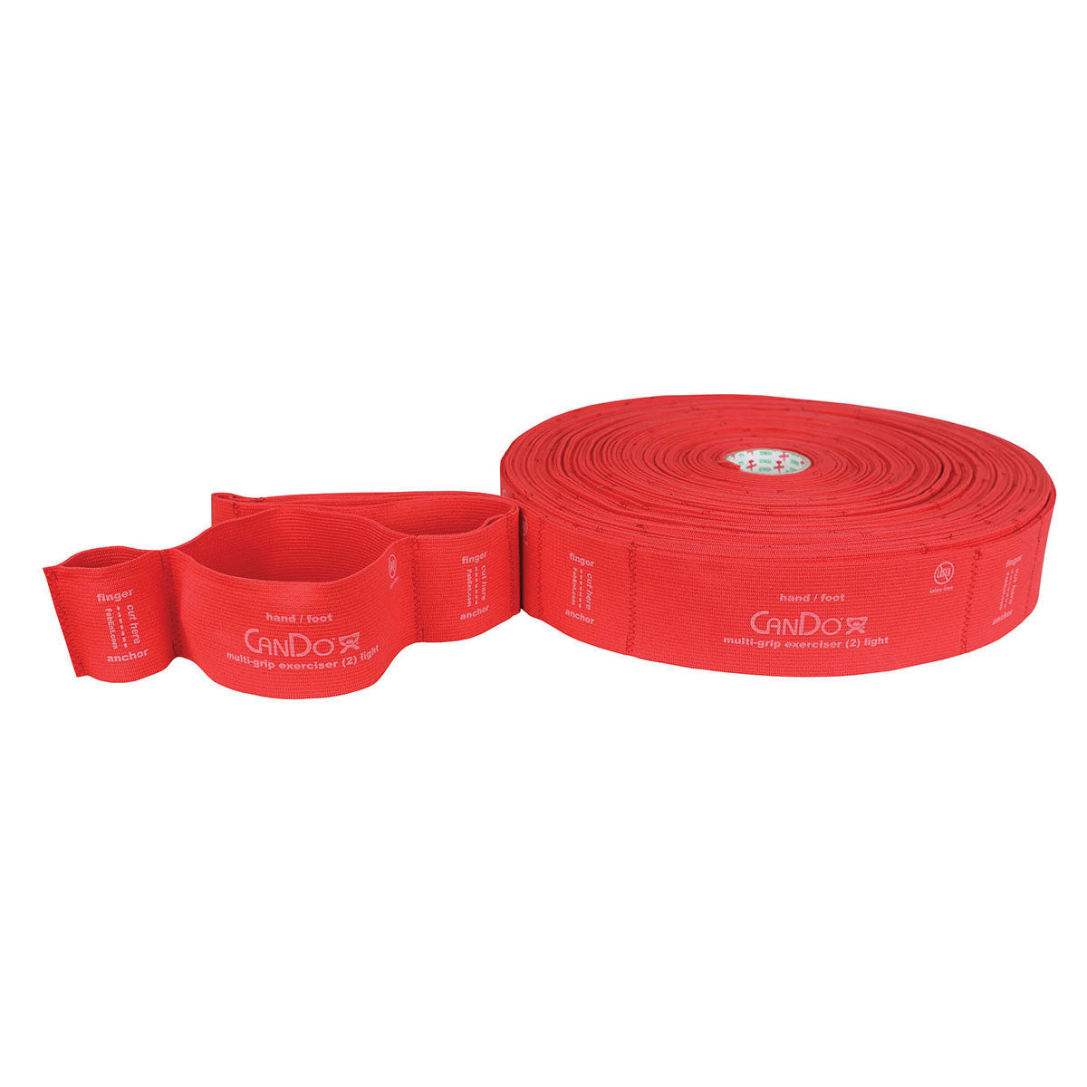 Red exercise band with loops labeled for fingers and hands/feet. Text reads "CanDo Multi-Grip Exerciser (2) light."