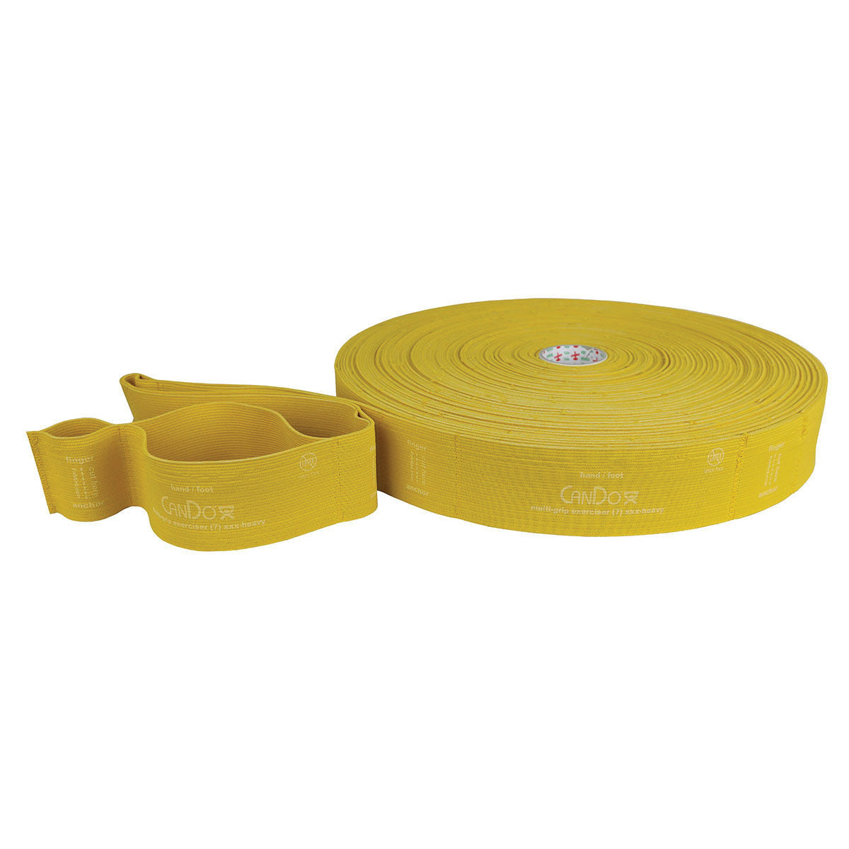 Yellow CanDo Multi-Grip Exerciser bands are shown, one rolled and one partially unrolled, featuring multiple grip loops.