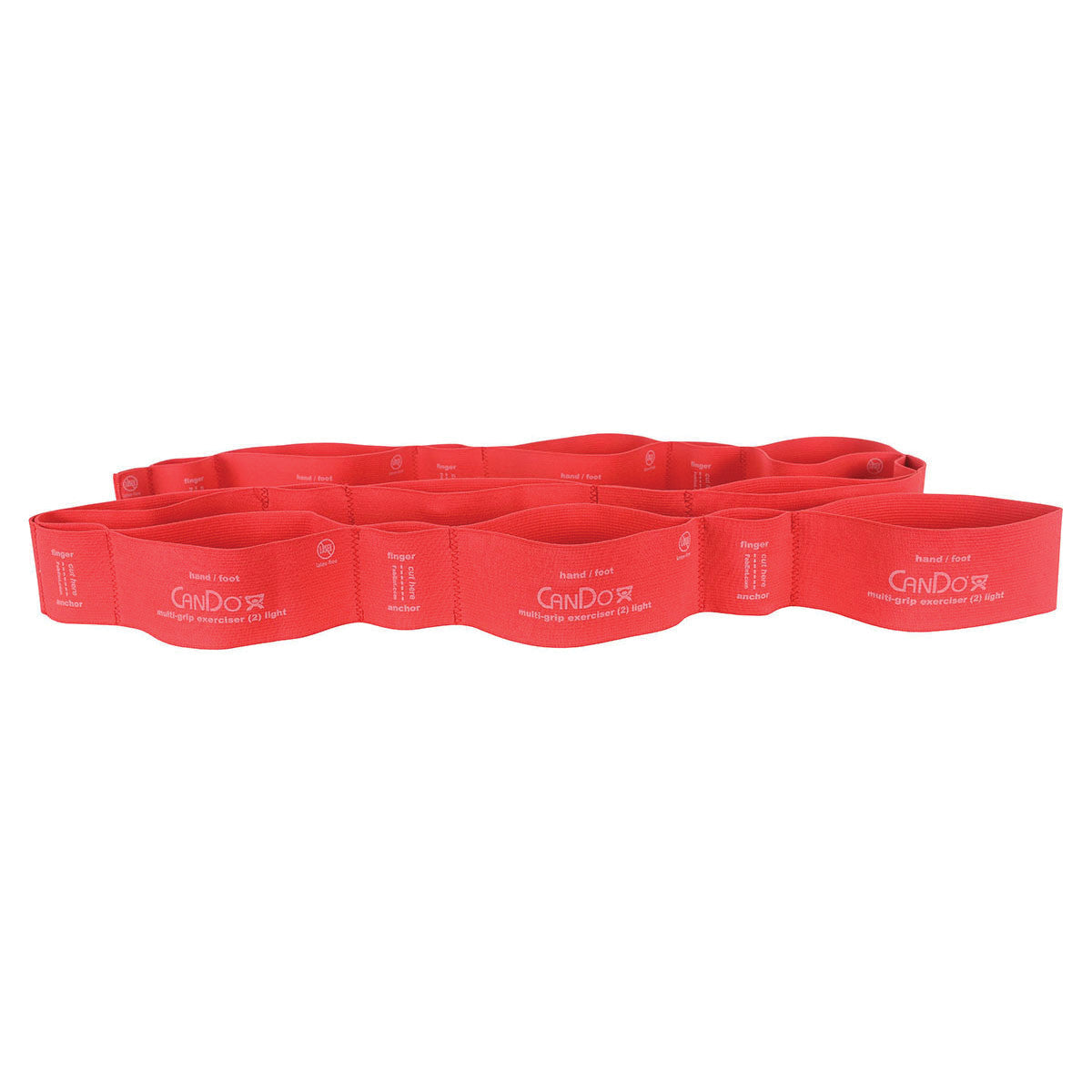A red CanDo Multi-Grip Exerciser band with labeled grips for hands, feet, fingers, and anchors on a white background.