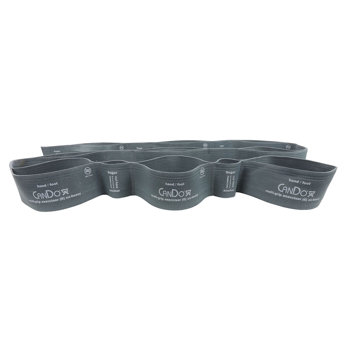 Gray CanDo Multi-Grip Exerciser with multiple loops for versatile hand and foot workouts, featuring labeled grip areas.