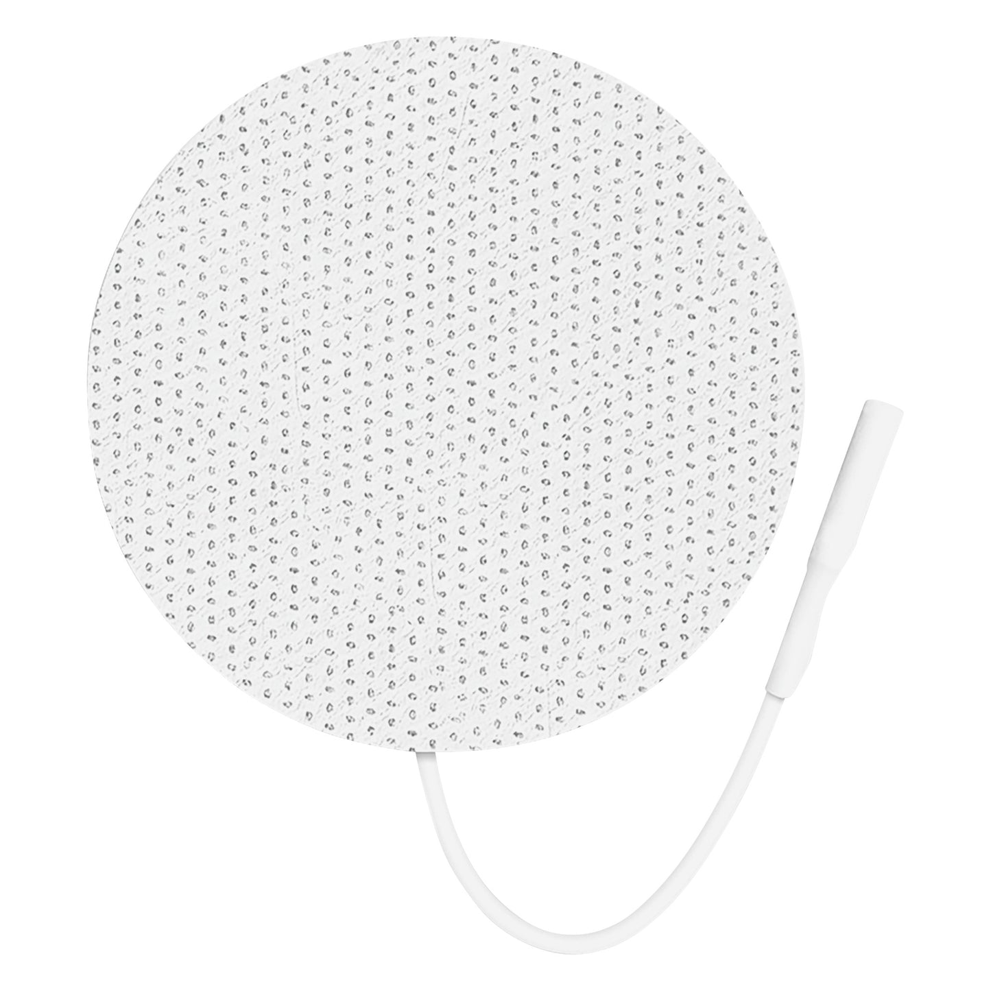 Round ValuTrode Cloth Electrode with dotted texture, featuring an attached white connector cable for electrical equipment.