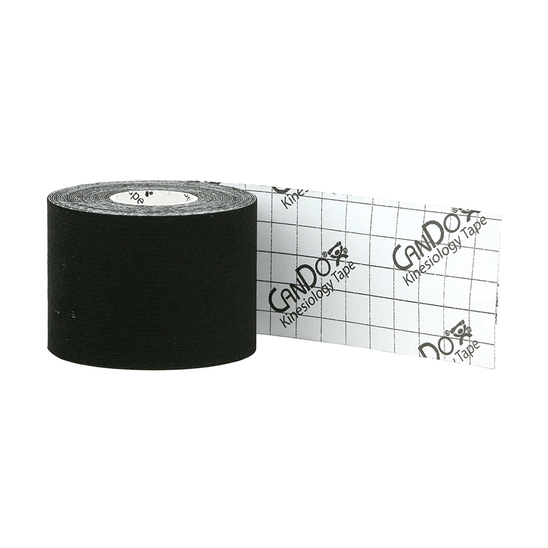 A roll of CanDo Kinesiology Tape, black with a white backing showing a grid and logo, partially unrolled.
