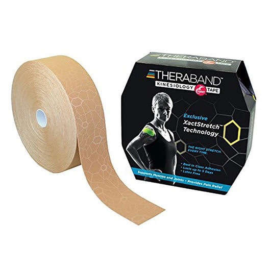 Thera-Band Kinesiology Tape with XactStretch Technology. The beige tape roll is partially unrolled, next to its black packaging.