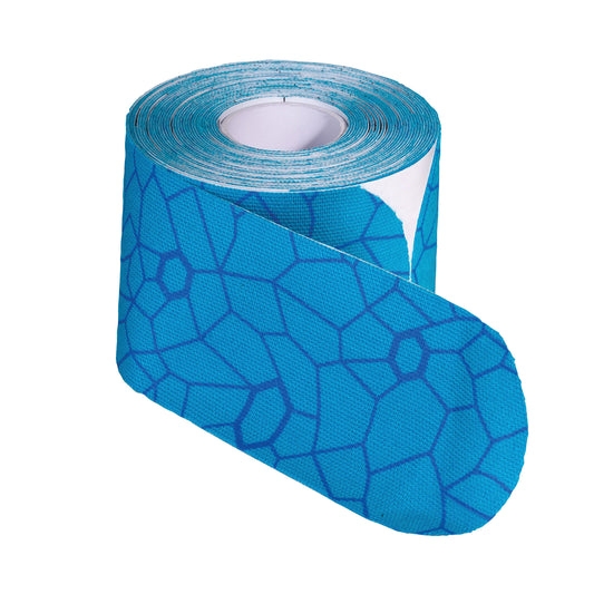 Roll of Thera-Band Kinesiology Tape showing its blue color with a geometric pattern, partially unrolled.