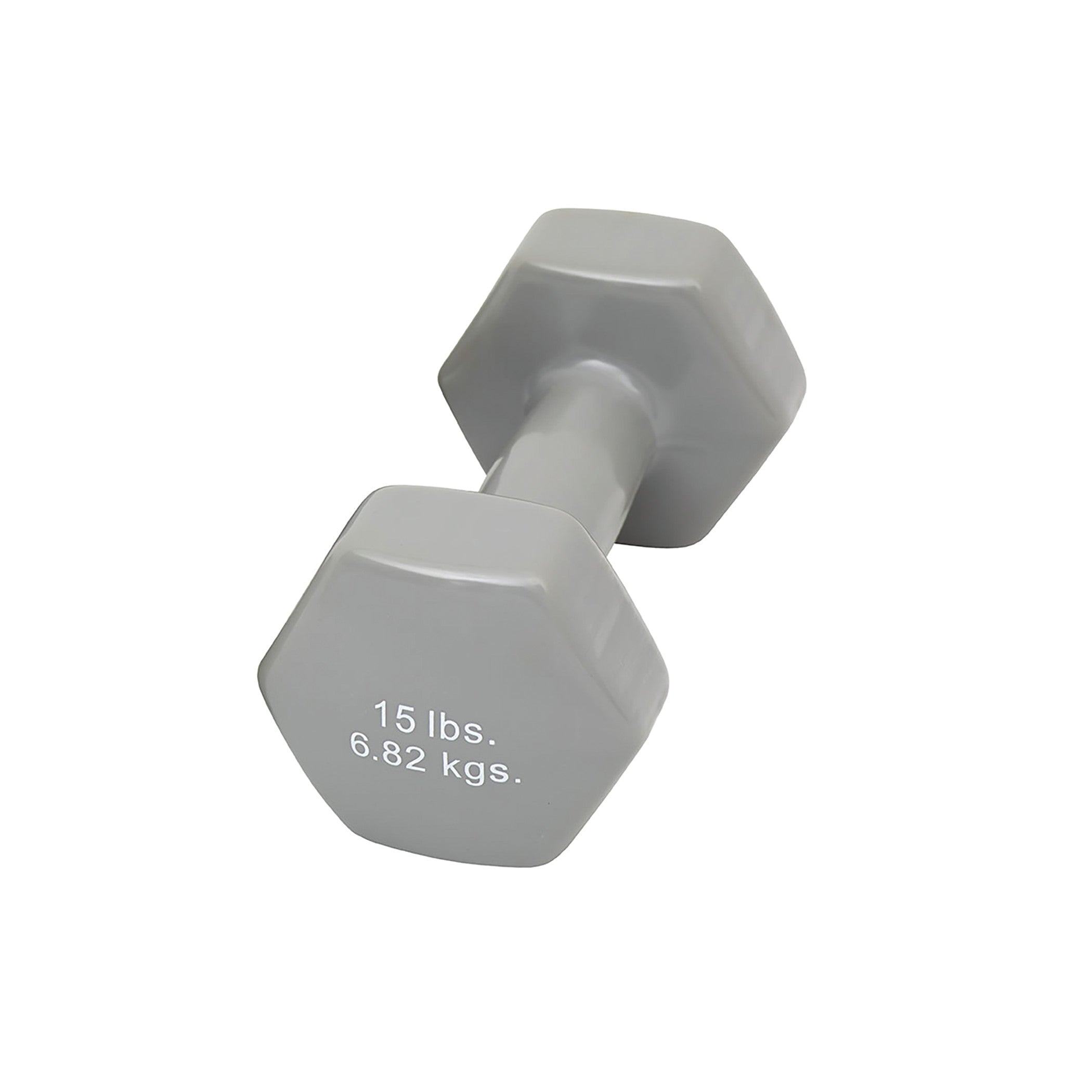 A gray CanDo Vinyl-Coated Dumbbell weighing 15 lbs (6.82 kgs) with a hexagonal shape and smooth surface.