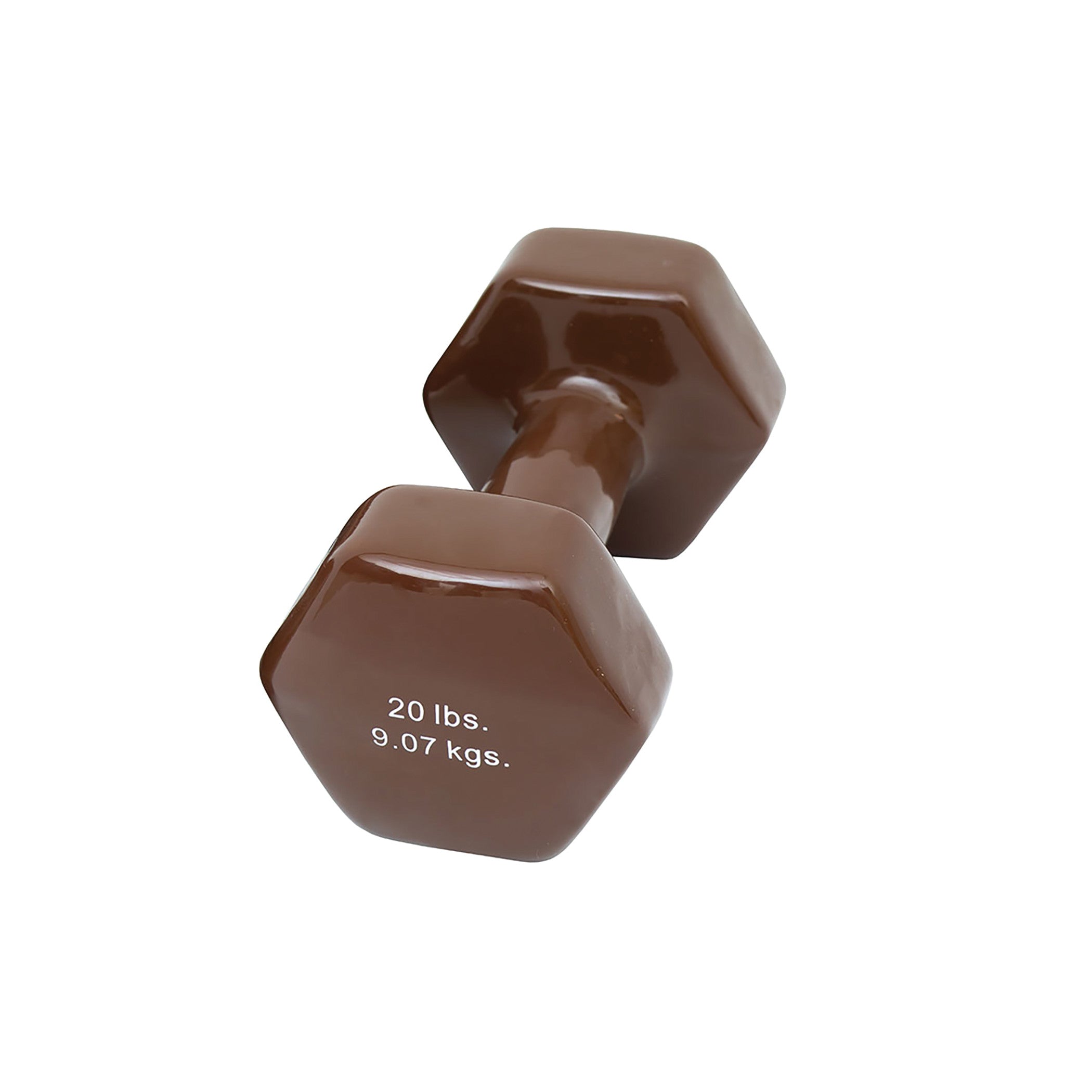 Brown CanDo Vinyl-Coated Dumbbell weighing 20 lbs (9.07 kgs) with a hexagonal shape.