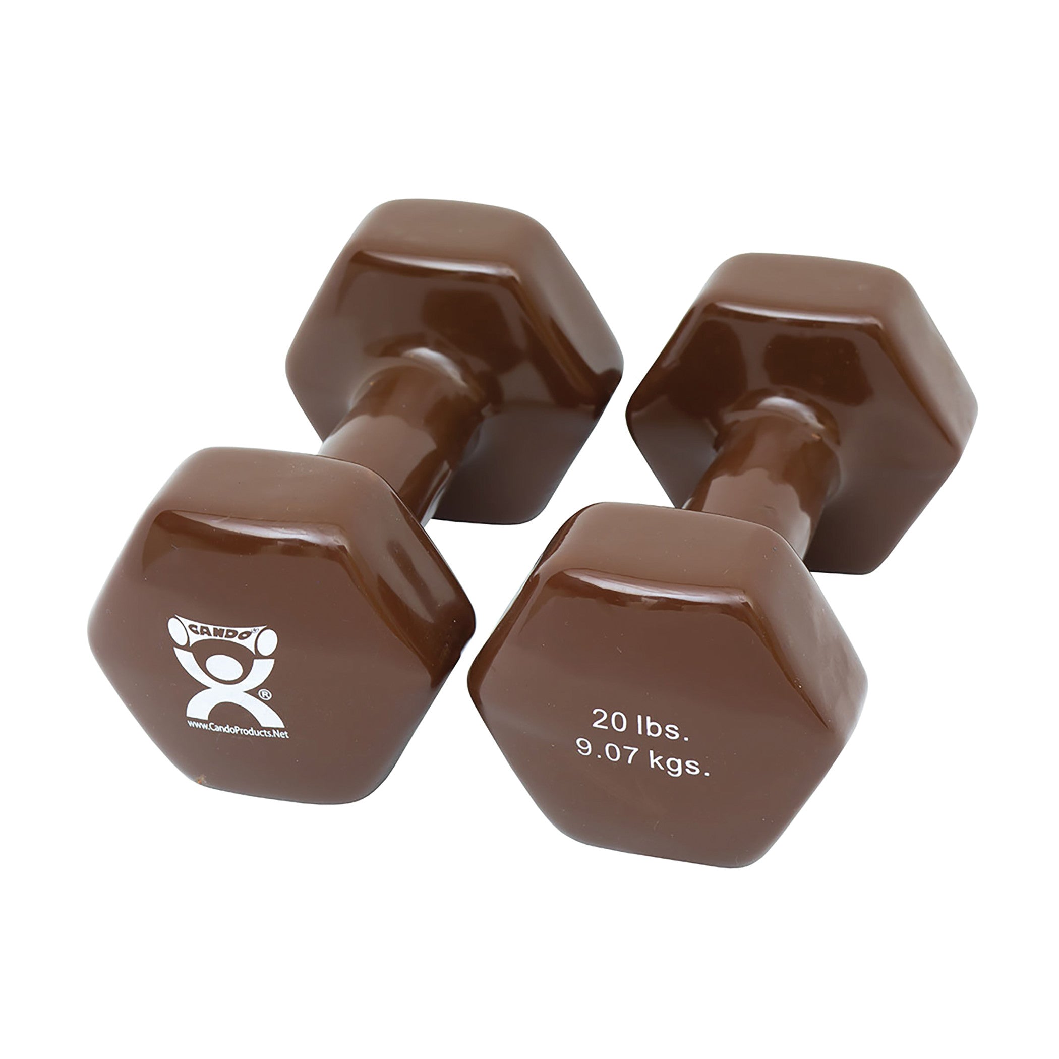 Pair of CanDo Vinyl-Coated Dumbbells, brown, each weighing 20 lbs (9.07 kgs), with hexagonal ends.