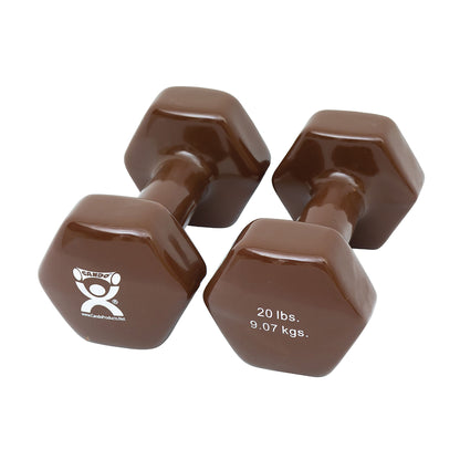 Pair of CanDo Vinyl-Coated Dumbbells, brown, each weighing 20 lbs (9.07 kgs), with hexagonal ends.
