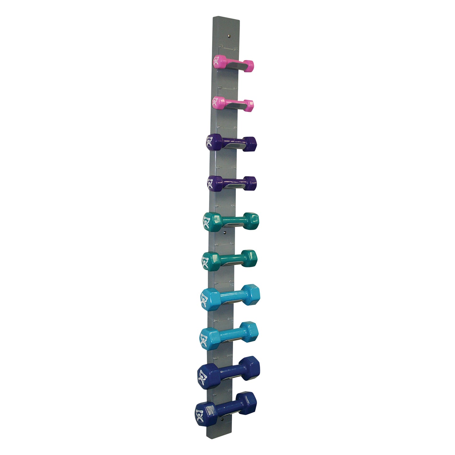 A set of CanDo Vinyl-Coated Dumbbells in various colors is displayed on a vertical wall rack.
