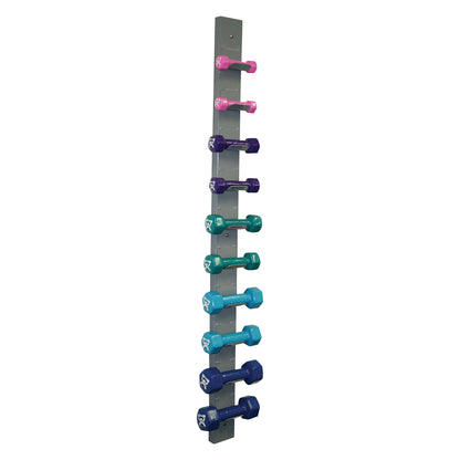 A set of CanDo Vinyl-Coated Dumbbells in various colors is displayed on a vertical wall rack.