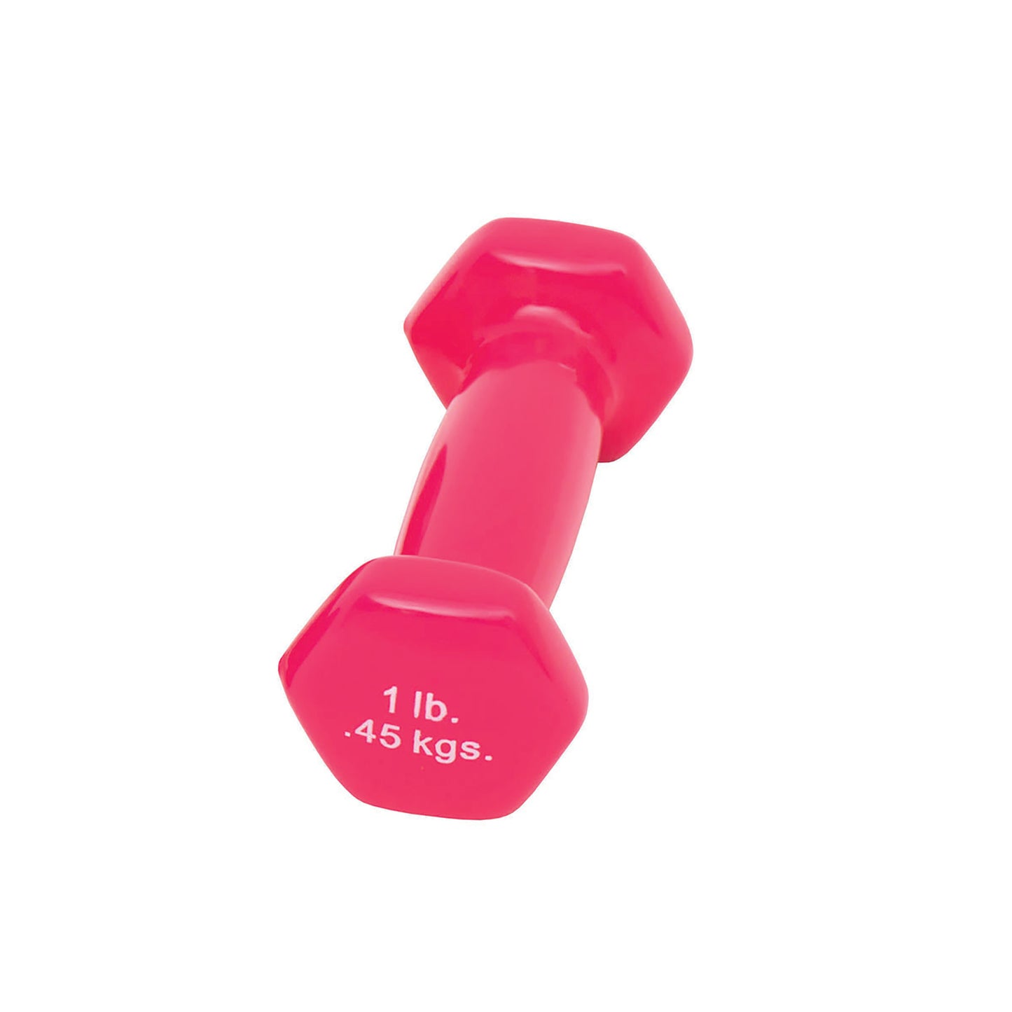Pink CanDo Vinyl-Coated Dumbbell with hexagonal ends, labeled 1 lb (0.45 kgs), on a white background.