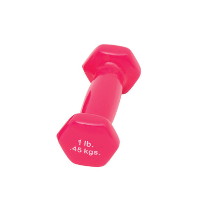Pink CanDo Vinyl-Coated Dumbbell with hexagonal ends, labeled 1 lb (0.45 kgs), on a white background.