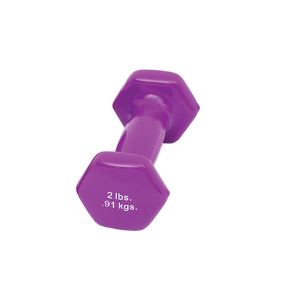 A purple "CanDo Vinyl-Coated Dumbbell" weighs 2 lbs or 0.91 kgs, with a hexagonal shape.