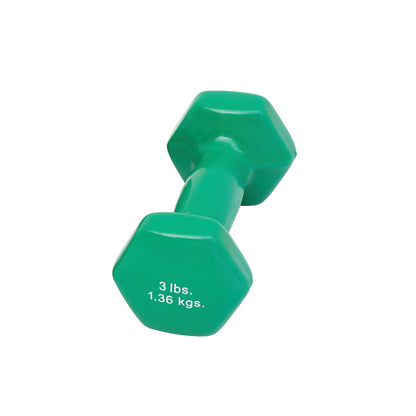 A green CanDo Vinyl-Coated Dumbbell weighing 3 lbs (1.36 kgs) with hexagonal ends is shown against a white background.