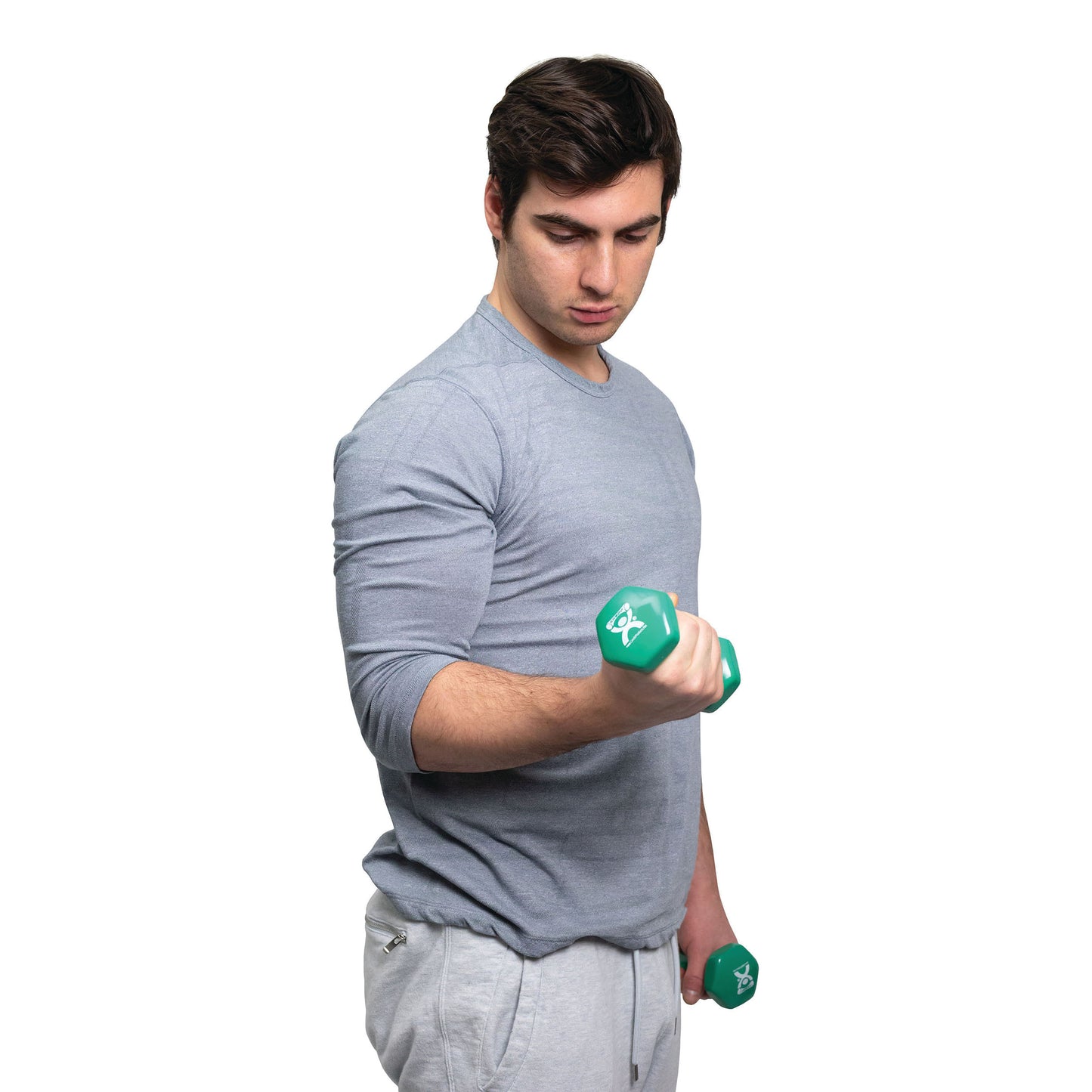 A person uses a CanDo Vinyl-Coated Dumbbell. The dumbbell is green with a small, white logo, and the person wears gray attire.