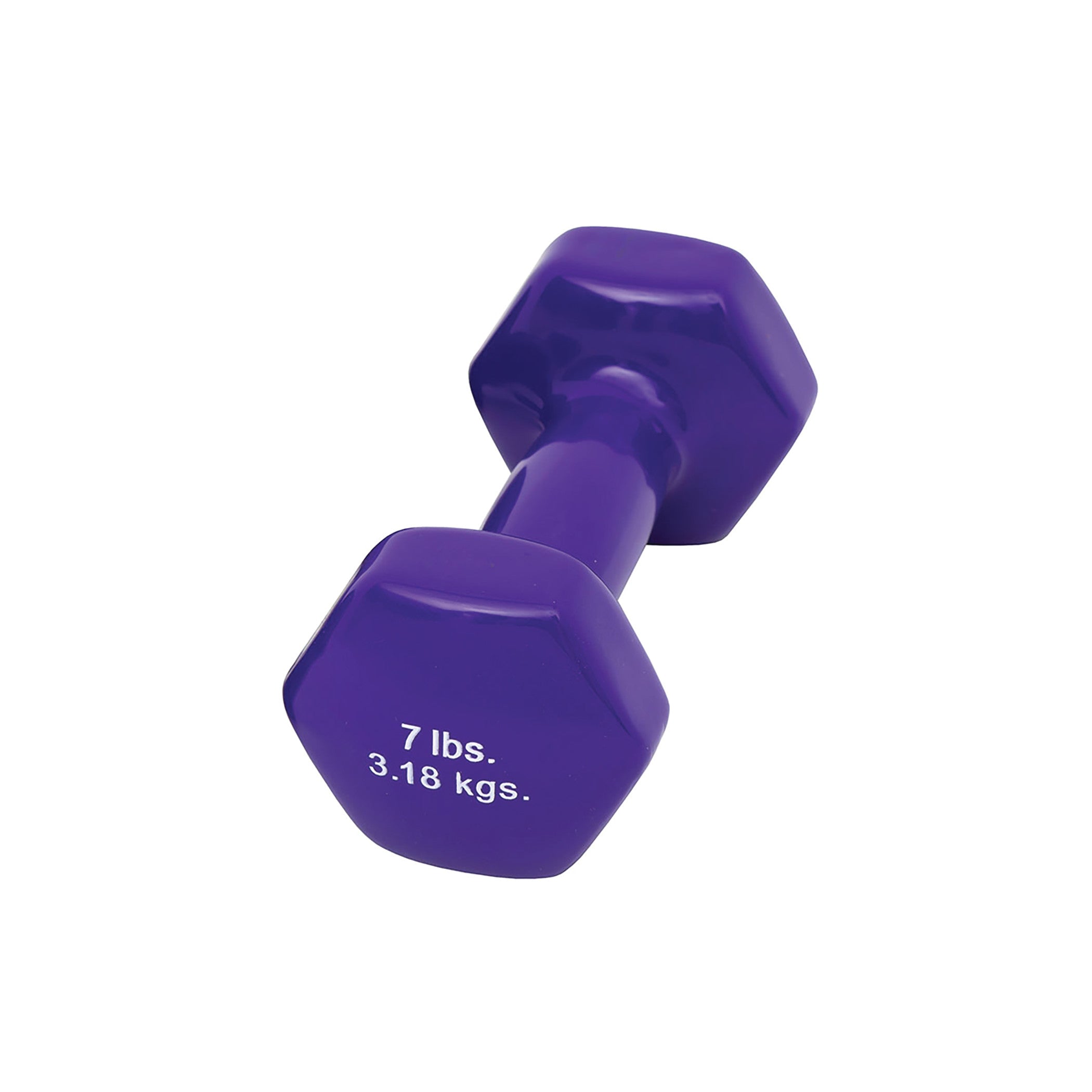 A purple CanDo Vinyl-Coated Dumbbell labeled 7 lbs (3.18 kgs) with a hexagonal shape on both ends.