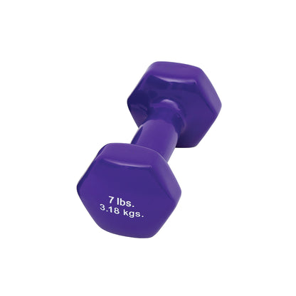 A purple CanDo Vinyl-Coated Dumbbell labeled 7 lbs (3.18 kgs) with a hexagonal shape on both ends.