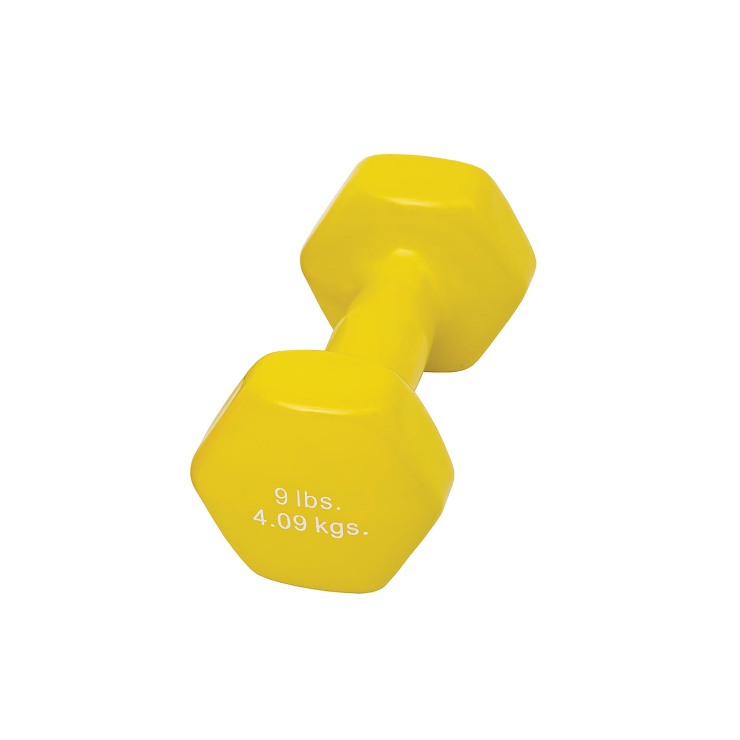Yellow CanDo Vinyl-Coated Dumbbell weighing 9 lbs or 4.09 kgs, with hexagonal ends.