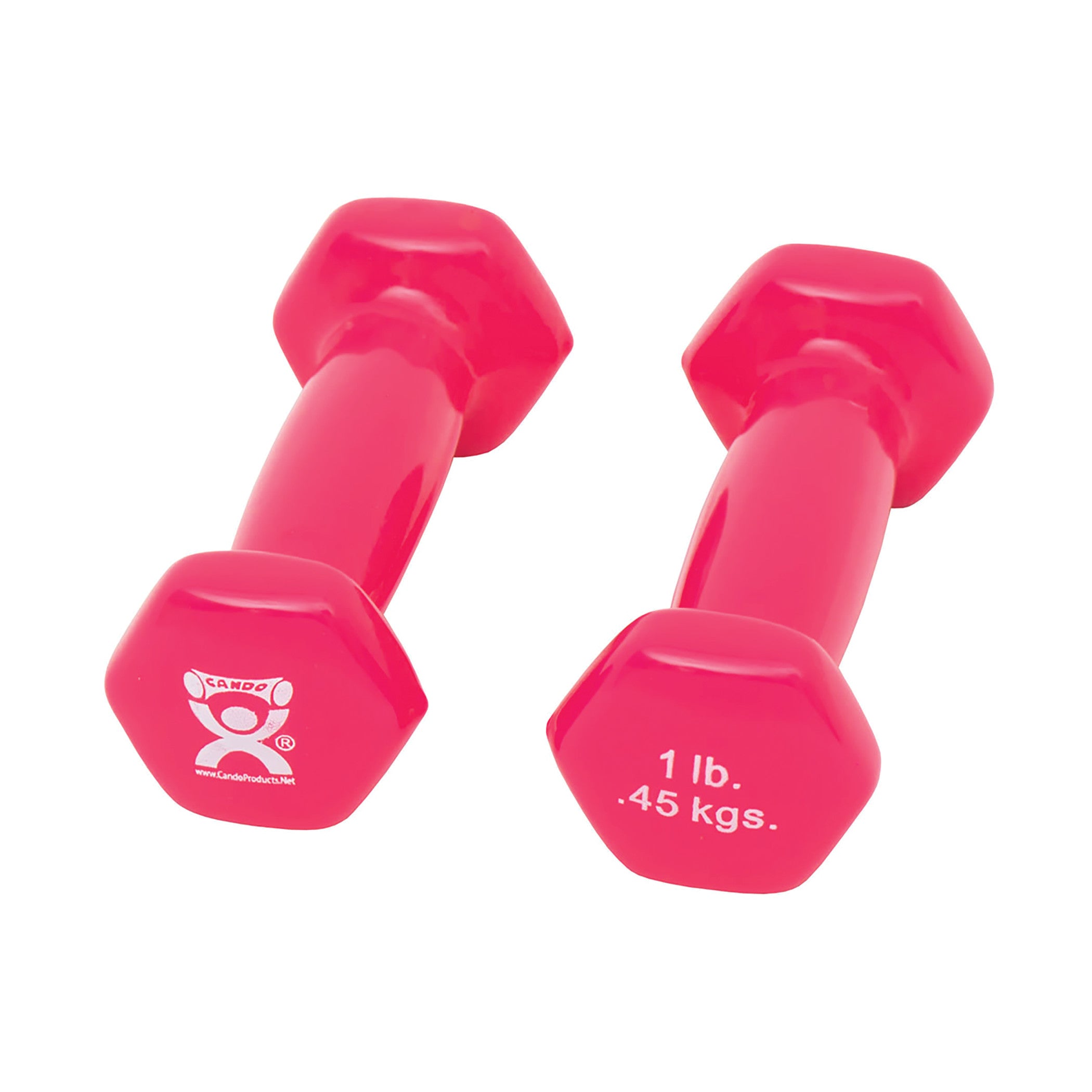 Two pink CanDo Vinyl-Coated Dumbbells each weighing 1 lb (0.45 kgs), featuring a hexagonal shape for stability.