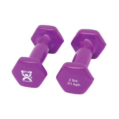 Two purple CanDo Vinyl-Coated Dumbbells, each weighing 2 lbs (.91 kgs), with a hexagonal shape.