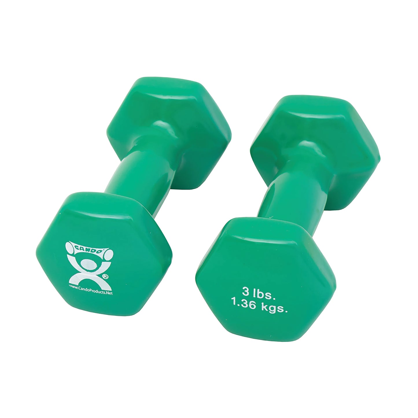 Two green CanDo Vinyl-Coated Dumbbells, each labeled 3 lbs (1.36 kgs), with hexagonal ends.