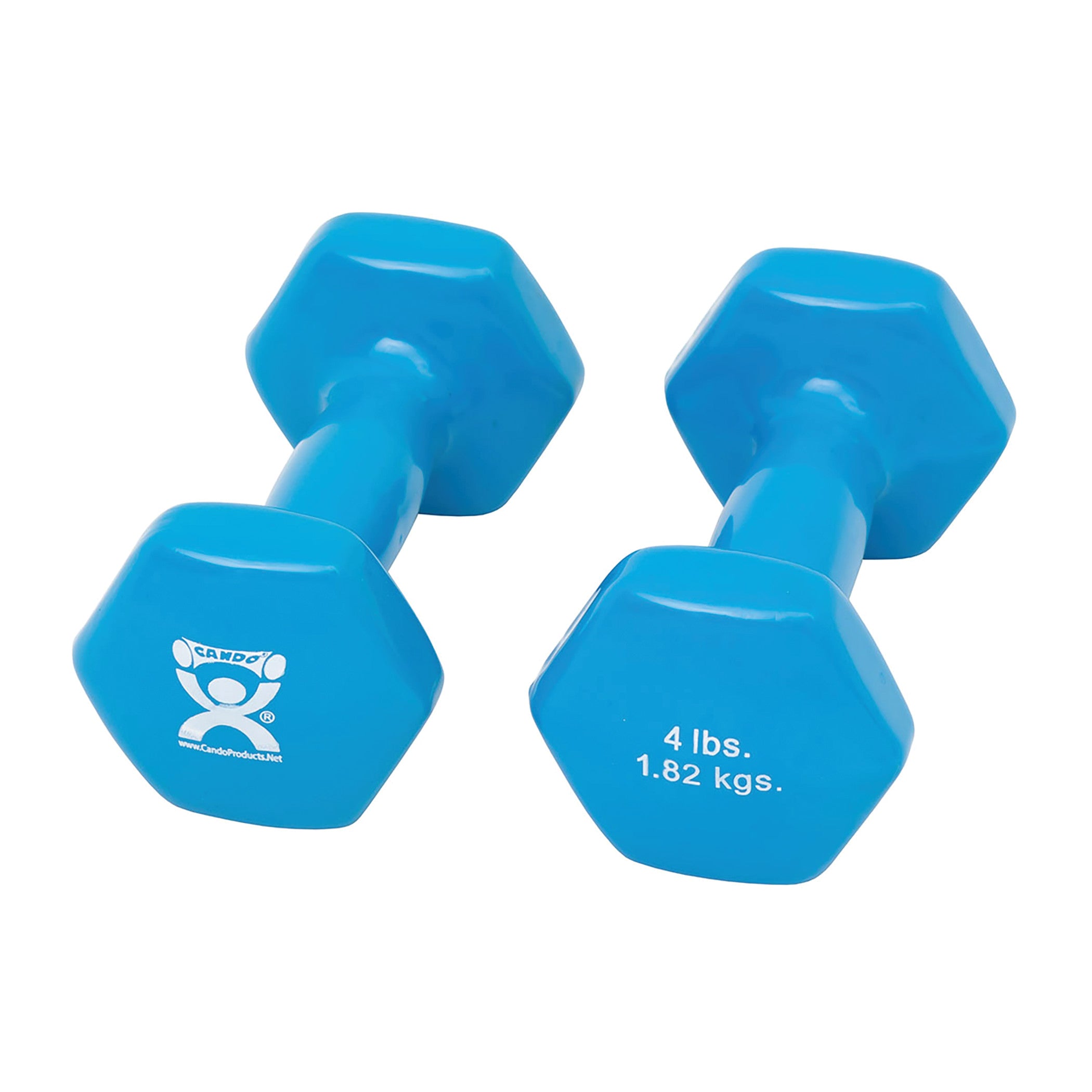 Two blue CanDo Vinyl-Coated Dumbbells, each weighing 4 lbs (1.82 kgs), with hexagonal ends.
