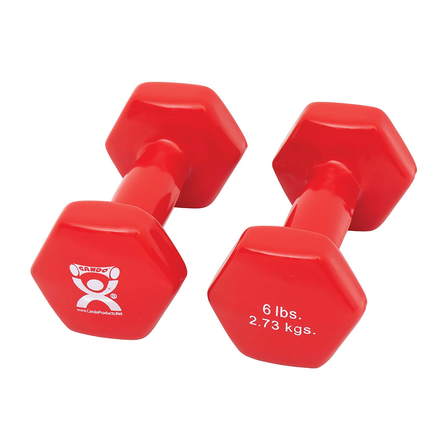 Two red CanDo Vinyl-Coated Dumbbells with hexagonal ends, marked 6 lbs (2.73 kgs) on one end.