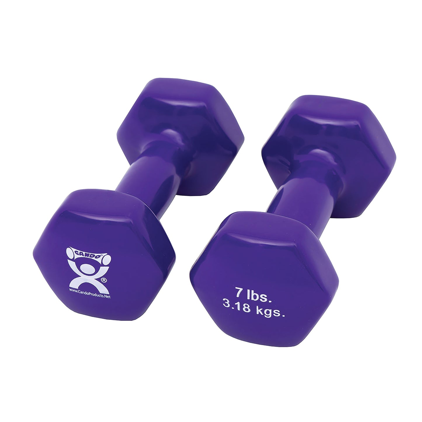 Two purple CanDo Vinyl-Coated Dumbbells, each weighing 7 lbs (3.18 kgs), are displayed with hexagonal ends.