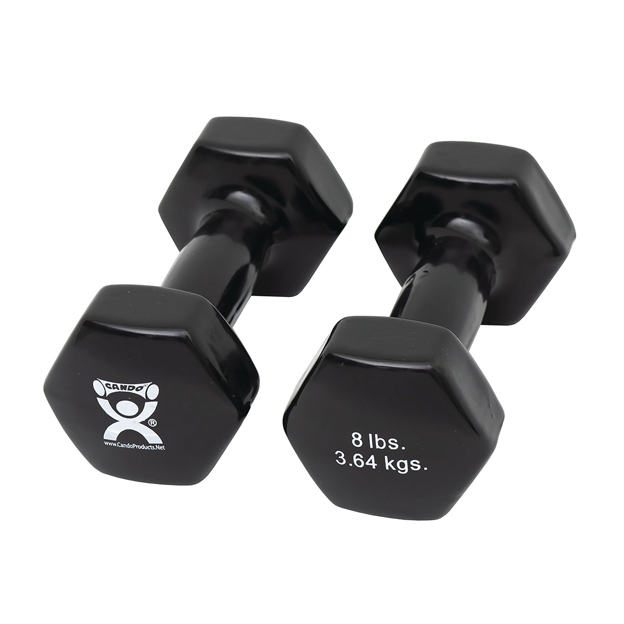 Two black CanDo Vinyl-Coated Dumbbells are shown. Each is labeled 8 lbs (3.64 kgs) with hexagonal ends.