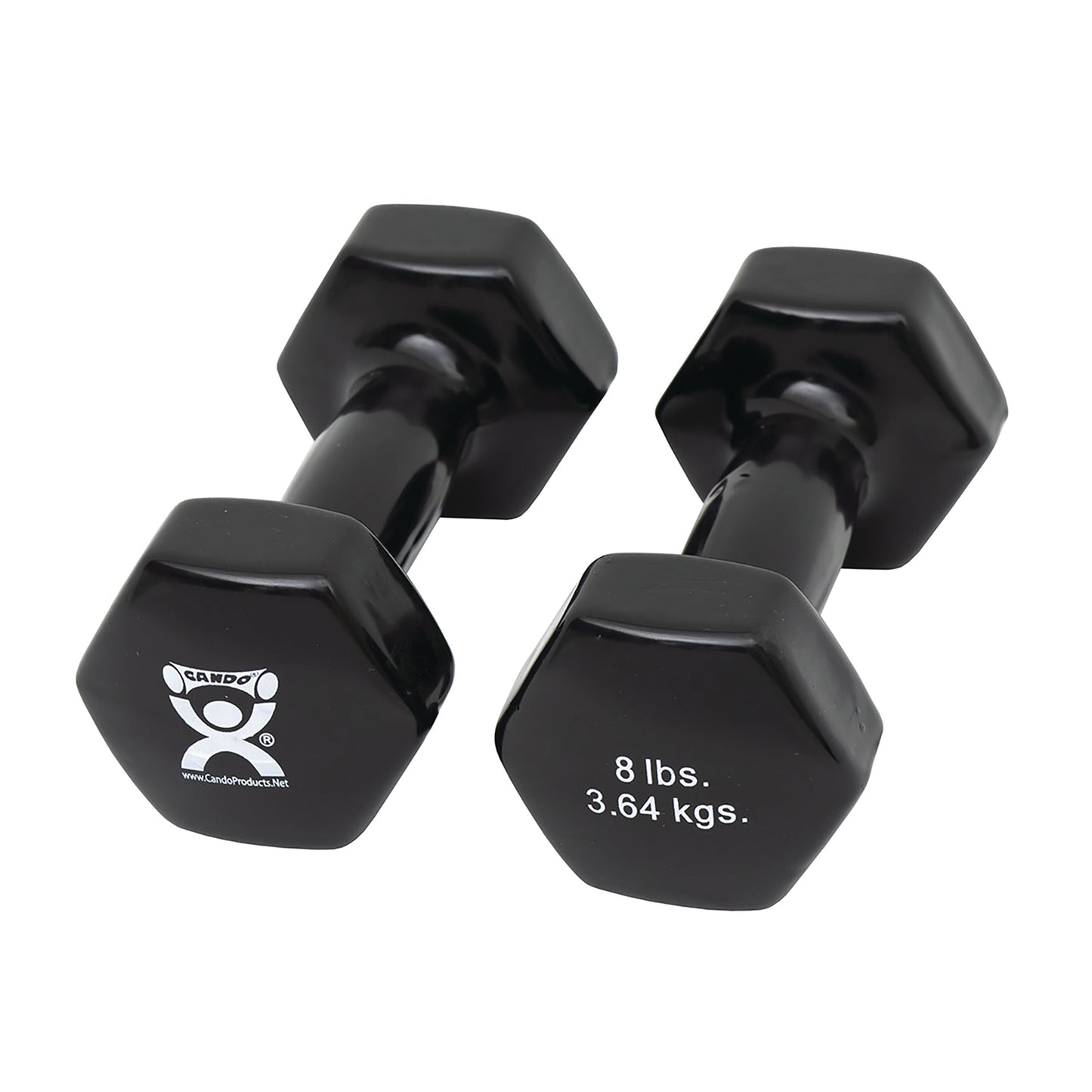 Two black CanDo Vinyl-Coated Dumbbells are shown. Each is labeled 8 lbs (3.64 kgs) with hexagonal ends.
