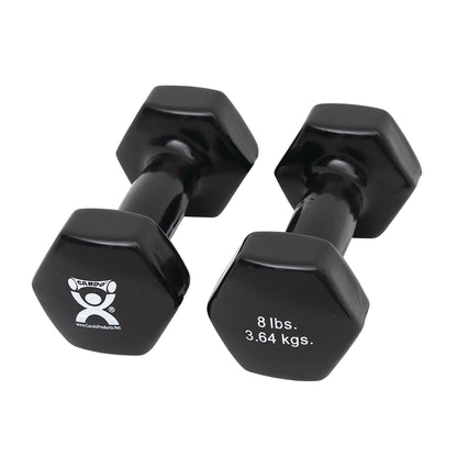 Two black CanDo Vinyl-Coated Dumbbells are shown. Each is labeled 8 lbs (3.64 kgs) with hexagonal ends.