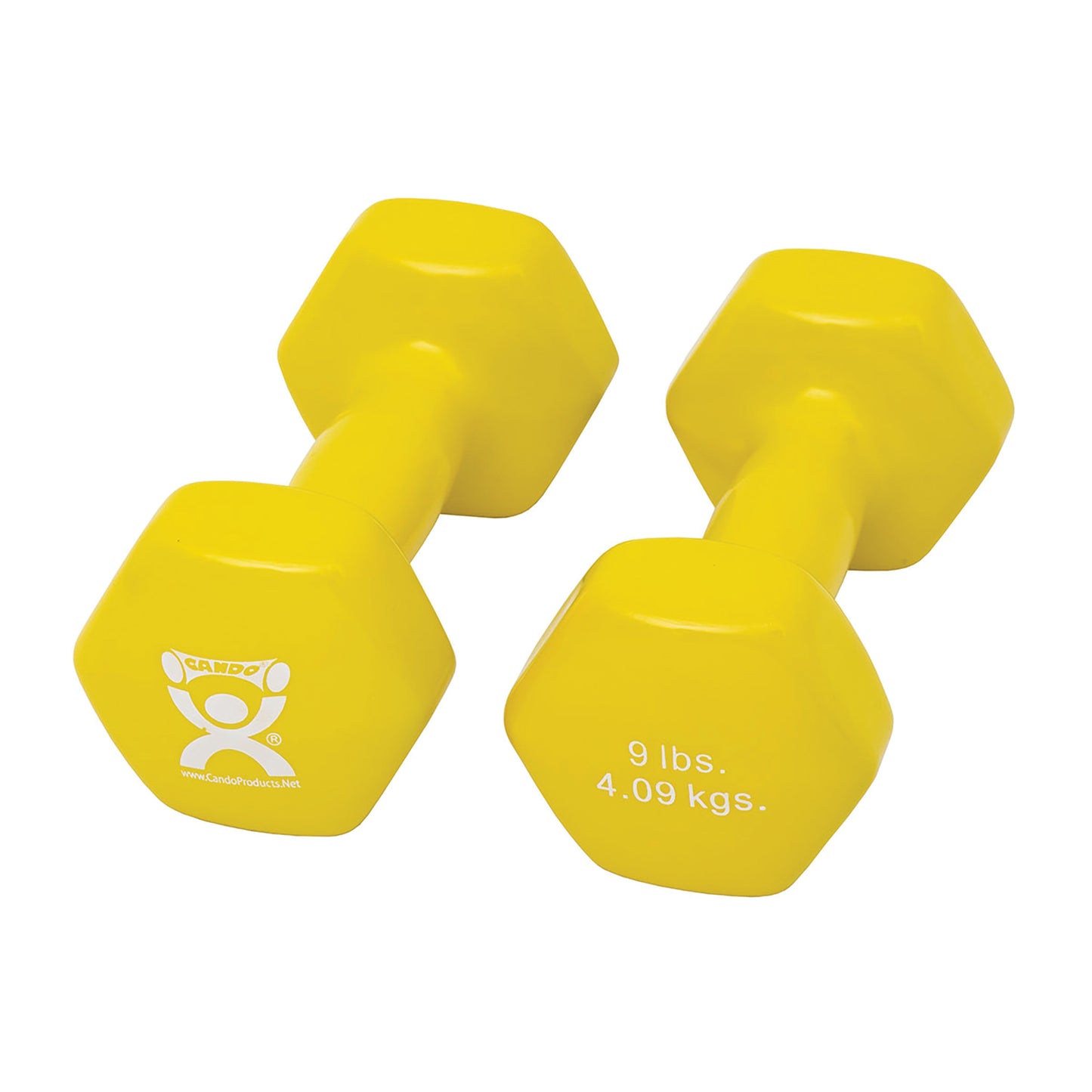 Two yellow CanDo Vinyl-Coated Dumbbells, each weighing 9 lbs (4.09 kgs), shown on a white background.