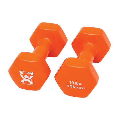 Two orange CanDo Vinyl-Coated Dumbbells, 10 lbs each, with hexagonal ends displaying the weight in pounds and kilograms.