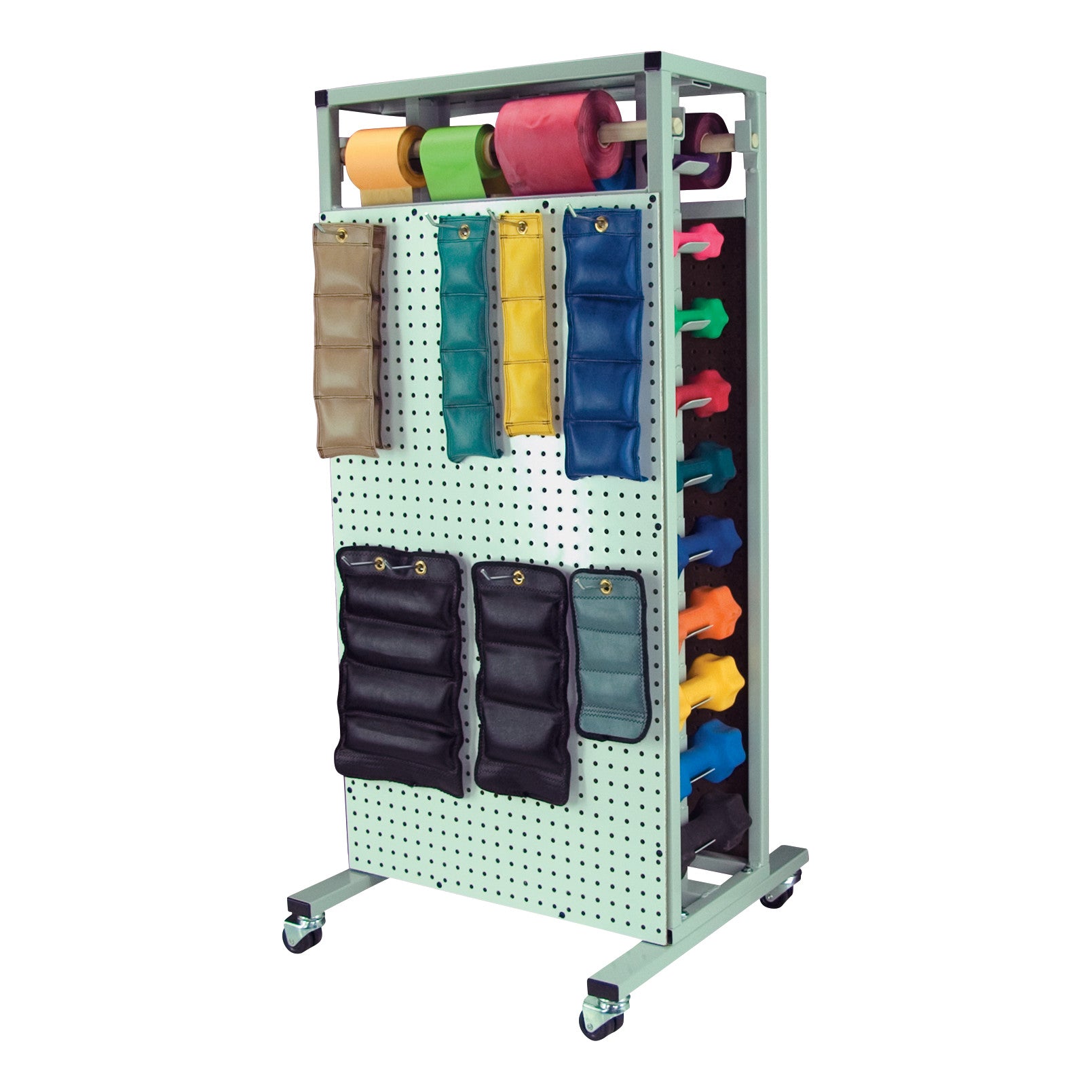 The Combo Cuff Weight Storage Rack features hanging weights in various colors and weights. It has a pegboard and rolls on wheels.