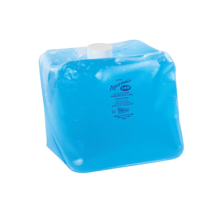 A blue container of Parker Labs Aquasonic 100 Transmission Gel with a white cap and product details printed on the surface.